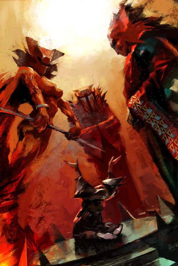 Concept art of King Doric prostrating himself before the Gods of Tyria, pleading for them to end the wars of magic.