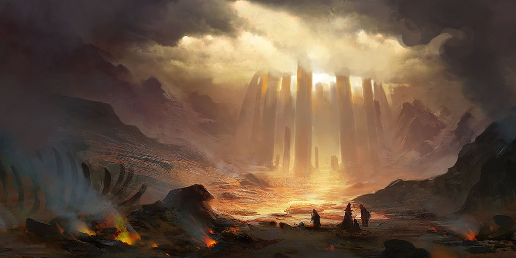 Concept art of the Crystal Desert and Elona.